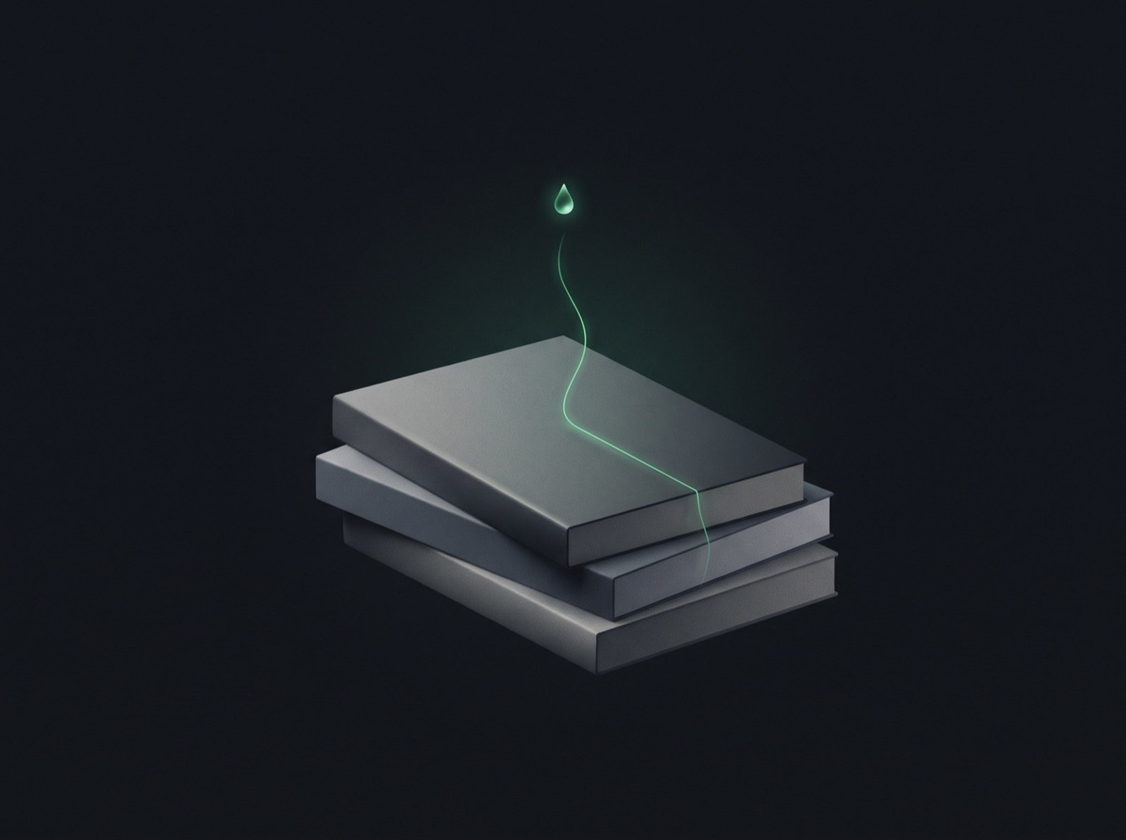 A stack of books with a single thread of light rising from them and condensing into a droplet